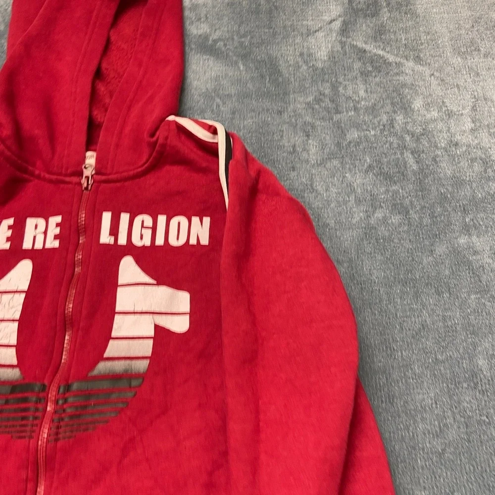 True Religion Hoodie Mens Large Red Fleece Lined Full Zip Graphic Print Winter